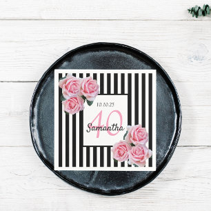 40. Geburtstag rosa Rosen Schwarz-weiße Streifen Serviette