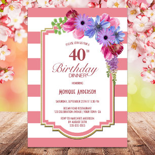 40. Geburtstag Rosa Streifen Lila florales Party Einladung