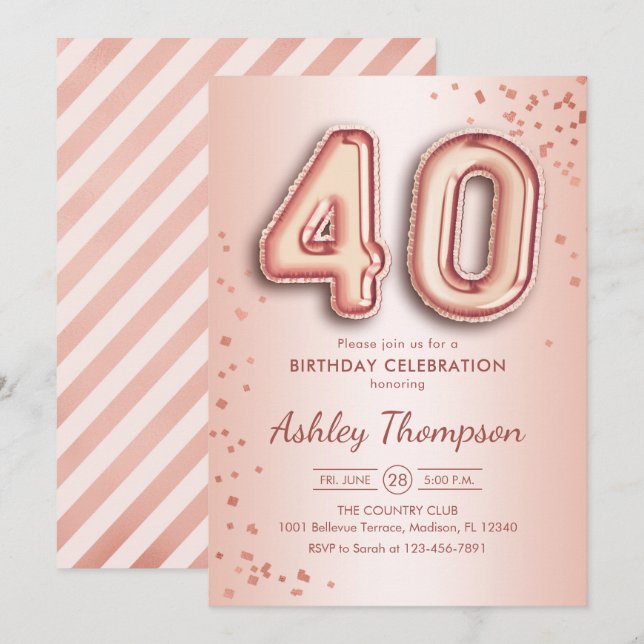 40. Geburtstag - Rose Gold Balloons Einladung (Vorne/Hinten)
