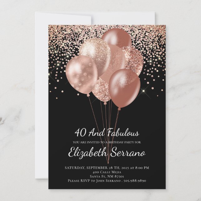 40. Geburtstag Rose Gold Glitzer auf Schwarz Einladung (Vorderseite)