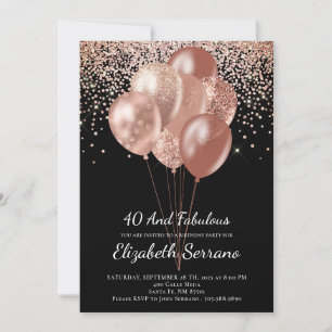 40. Geburtstag Rose Gold Glitzer auf Schwarz Einladung