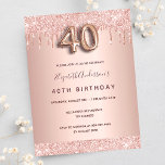 40. Geburtstag Rose Gold Rosa Tropfen Einladung Postkarte<br><div class="desc">Ein modernes,  stilvolles und glamouröses Party zum 40. Geburtstag. Ein Hintergrund mit Tropfen,  Rose tropfend aussehen. Der Name ist mit einer modernen dunklen Rose goldfarbenen handgeschriebenen Schreibschrift geschrieben. Personalisieren Sie Ihre Party-Daten und fügen Sie sie hinzu. Nummer 40 wird mit einem Schriftart im Ballonstil geschrieben,  Skript.</div>