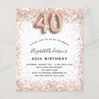 40. Geburtstag Rose Gold Weißes Budget Einladung Flyer