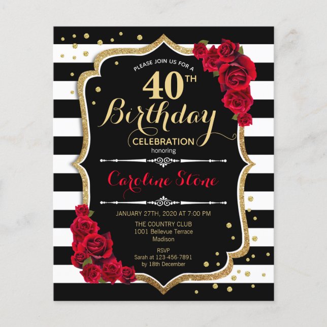 40. Geburtstag - Rose Stripes - Einladung Flyer (Vorne)