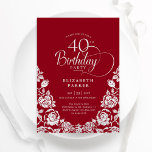 40. Geburtstag Rot Silber Rose Einladung<br><div class="desc">Rot silber elegant 40. Geburtstag Party Einladung. Klassisches Design mit Rose,  Imitaten Silberfolie und Typografie Script Schriftart. Die trendige Einladungskarte eignet sich perfekt für eine stilvolle Damenfeier. Personalisieren Sie Ihre persönlichen Daten. Kann für jedes Alter angepasst werden. Gedruckte Zazzle-Einladungen oder Sofortdownload digitaler Druckvorlage.</div>