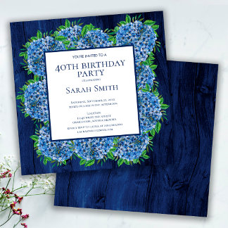 40. Geburtstag Rustic Wood Blue Hydrangeas Party Einladung