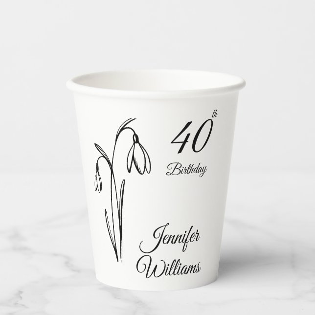 40. Geburtstag Schneeglöckchen Floral Schwarz und  Pappbecher (Vorderseite)