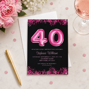 40. Geburtstag Schwarz Rosa Ballons Glitter Party Einladung