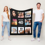 40. Geburtstag Schwarz-Silber-Foto Collage Name Fleecedecke<br><div class="desc">Ein einzigartiges Geschenk für einen 40. Geburtstag,  das ihr Leben mit einer Collage von 8 eigenen Fotos,  Bildern feiert. Personalisieren und fügen Sie ihren Namen und ein Datum. Ein schicker schwarzer Hintergrund. Der Name ist mit einem modernen handgeschriebenen Stilskript geschrieben. Nummer 40 mit Imitaten silberner Ballon Stil Schriftart.</div>