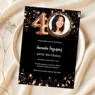 40. Geburtstag schwarze Rose Gold Foto Sterne Luxu Einladung