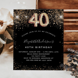 40. Geburtstag Schwarzes Gold Glitzer Einladung Flyer