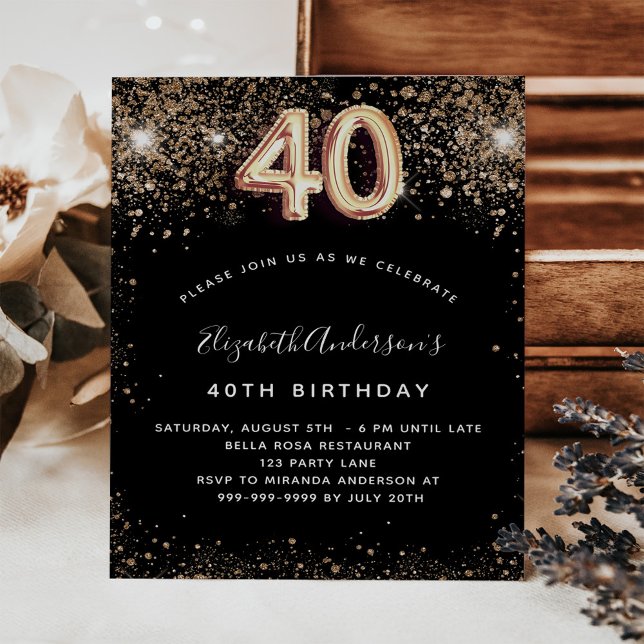 40. Geburtstag Schwarzes Gold Glitzer Einladung Flyer (Von Creator hochgeladen)