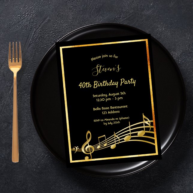 40. Geburtstag Schwarzes Gold Musiknoten Einladung Postkarte (Von Creator hochgeladen)