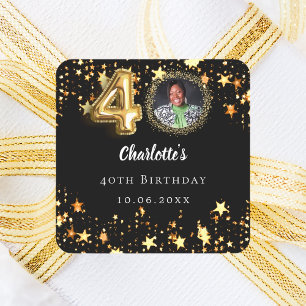 40. Geburtstag Schwarzes Gold Sterne Foto Quadratischer Aufkleber