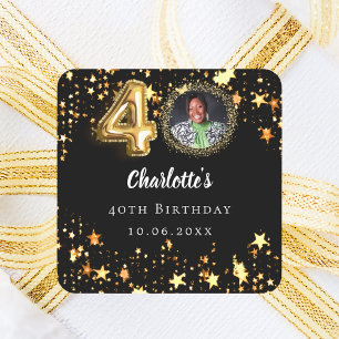 40. Geburtstag Schwarzes Gold Sterne Foto Quadratischer Aufkleber