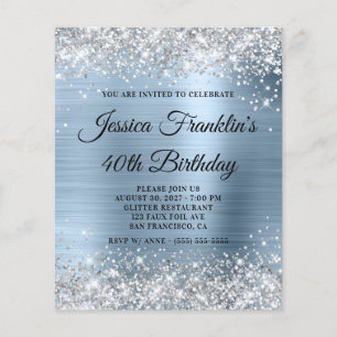 40. Geburtstag Silber Glitter Blass Blau Einladung Flyer