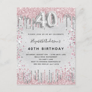 40. Geburtstag Silber Rosa Metall Glitter Staub Einladungspostkarte