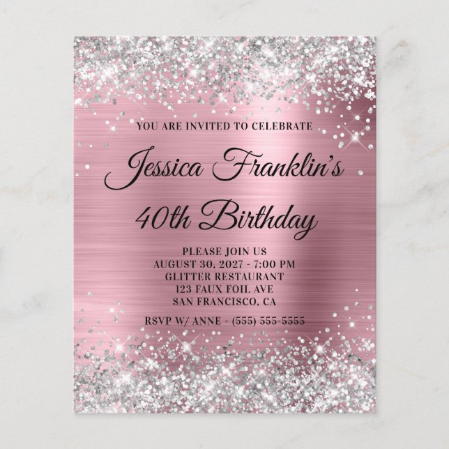 40. Geburtstag Silver Glitzer Pink Foil Einladung Flyer (Vorne)