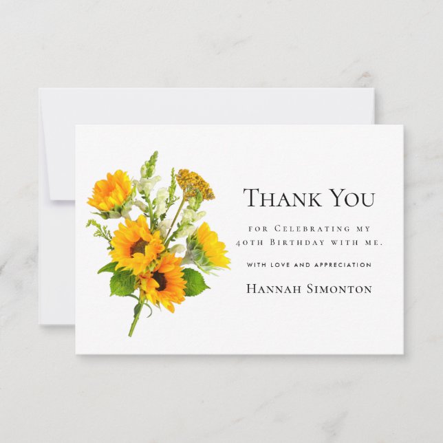 40. Geburtstag Sonnenblume Bouquet Personalisiert Dankeskarte (Vorderseite)