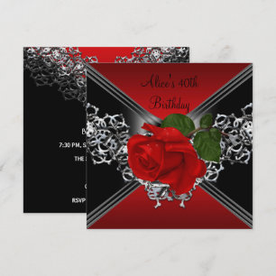 40. Geburtstag Spitze Schwarz Weiß Silber ROT Rose Einladung