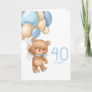 40. Geburtstag süße blaue Ballons Junge Teddy Kart Karte
