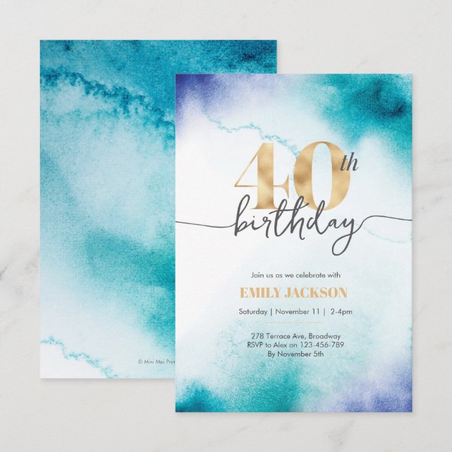 40. Geburtstag Türkis-Aquarell-Goldeinladung Einladung (Vorne/Hinten)