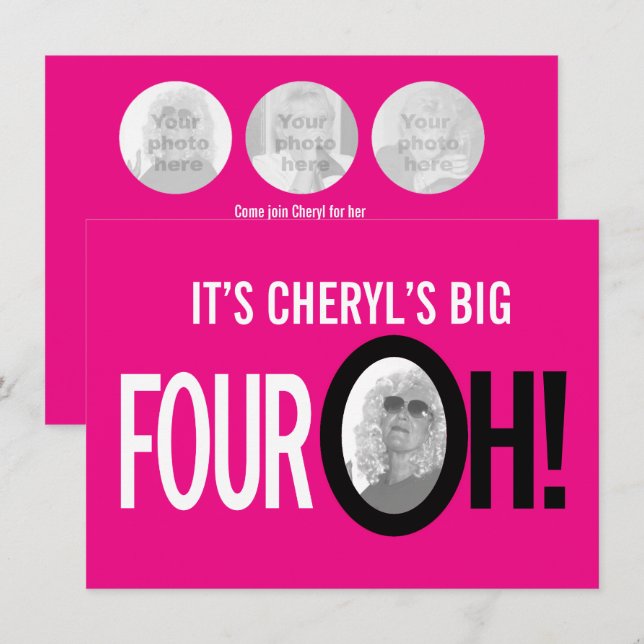 40. Geburtstag VIER OH! Foto rosa Retrolandschaft Einladung (Vorne/Hinten)