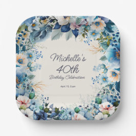 40. Geburtstag von Navy Dusty Blue White Floral Wo Pappteller