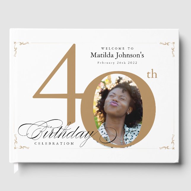 40. Geburtstag Weißgoldkalligrafie Custom Foto Gästebuch (Vorderseite)