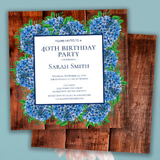 40. Geburtstag Wood Blue Hydrangeas Rustikales Par Einladung