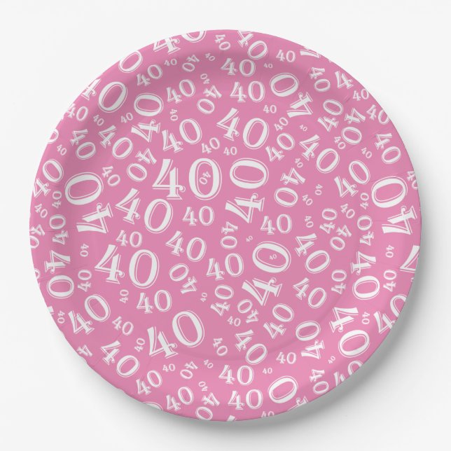40. Geburtstag Zahlenmuster Rosa/Weiß Pappteller (Vorderseite)