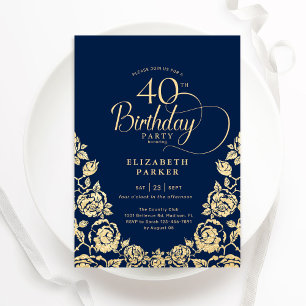40. Geburtstags-Navy-Gold-Rose Einladung