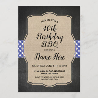 40. Geburtstags-Party-laden blaue Gingham-Leinwand Einladung