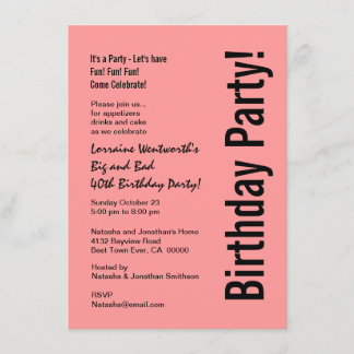 40. Geburtstags-Party-rosa und schwarzes Budget Einladung