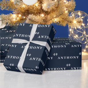 40. Geburtstagsfeier Name Navy Blau Modernes Muste Geschenkpapier