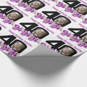 40. Geburtstagsfoto mit Mono- und violetten Blumen Geschenkpapier