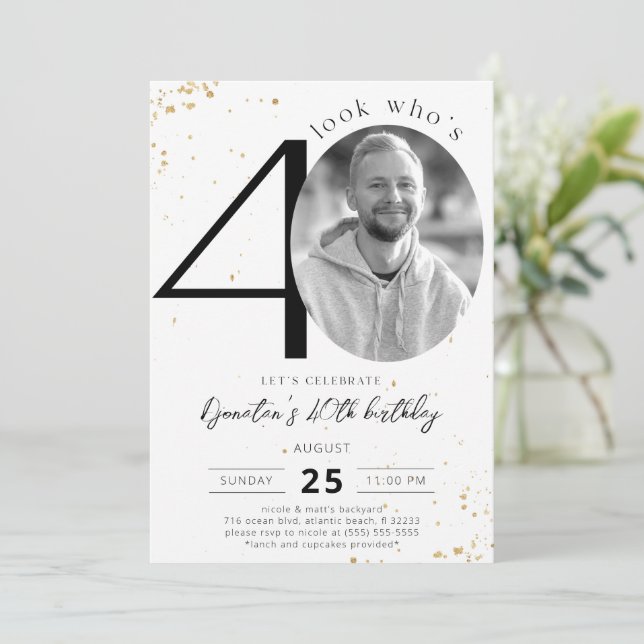 40. Geburtstagsgoldene Einladung mit Foto (Stehend Vorderseite)