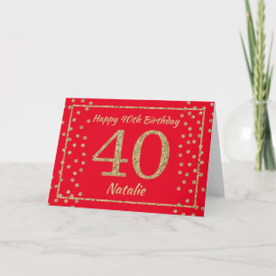 40. Geburtstagskarte Rot und Gold Glitzer Confetti Karte