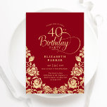 40. GeburtstagsRed Gold Rose Einladung<br><div class="desc">Rotes Gold elegant 40. Geburtstag Party Einladung. Klassisches Design mit Rose,  Imitaten Goldfolie und Typografie Script Schriftart. Die trendige Einladungskarte eignet sich perfekt für eine stilvolle Damenfeier. Personalisieren Sie Ihre persönlichen Daten. Kann für jedes Alter angepasst werden. Gedruckte Zazzle-Einladungen oder Sofortdownload digitaler Druckvorlage.</div>