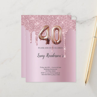 40. Glitzer Goldballon Rose Geburtstagskarte