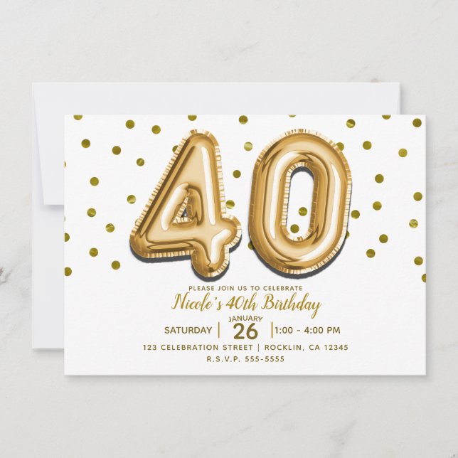 40 Gold Balloons & Confetti 40. Geburtstag Party Einladung (Vorderseite)