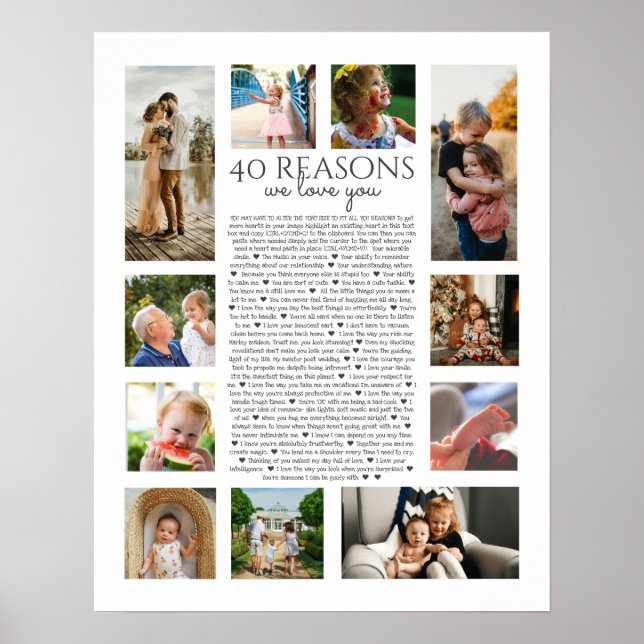 40 Gründe, warum wir Ihnen Foto Collage Liebe Poster (Vorne)