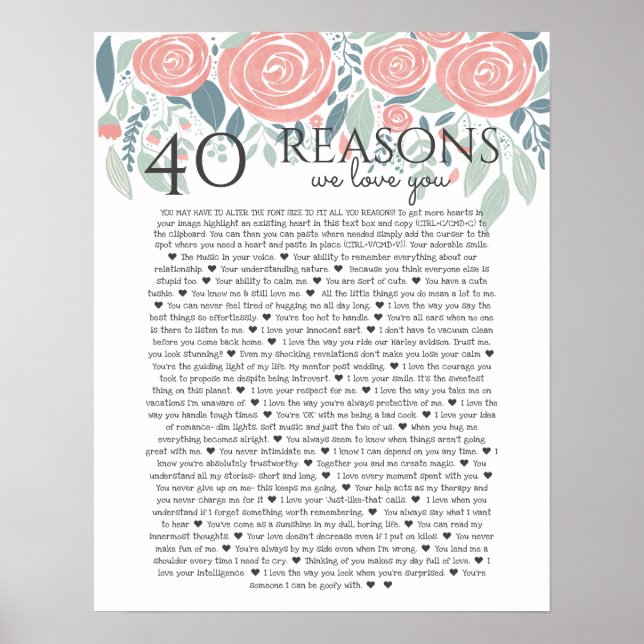 40 Gründe, warum wir Liebe Sie staubige rosa Rosen Poster (Vorne)