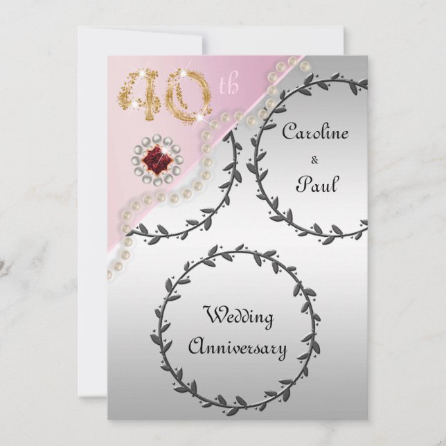 40. Hochzeitsjubiläum Embossed Silver Rose Gold Einladung (Vorderseite)