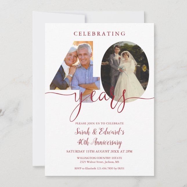 40. Hochzeitstag 2 Foto Ruby Einladung (Vorderseite)