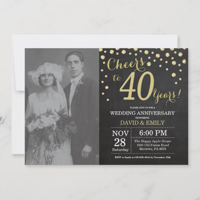 40. Hochzeitstag Chalkboard Black and Gold Einladung (Vorderseite)