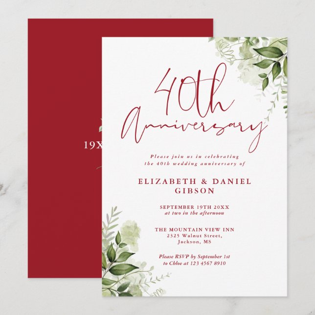 40. Hochzeitstag Greenery Ruby Schrift Einladung (Vorne/Hinten)