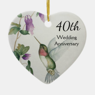40. Hochzeitstag Hübsche Vogelwelt Blume Herz Keramik Ornament