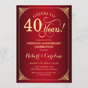 40. Hochzeitstag - Red Gold Damask Einladung