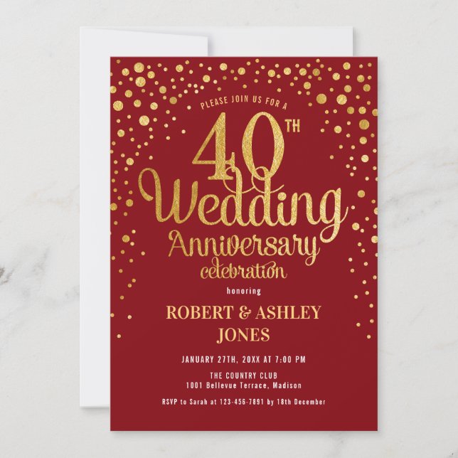 40. Hochzeitstag - Rubinrot & Gold Einladung (Vorderseite)